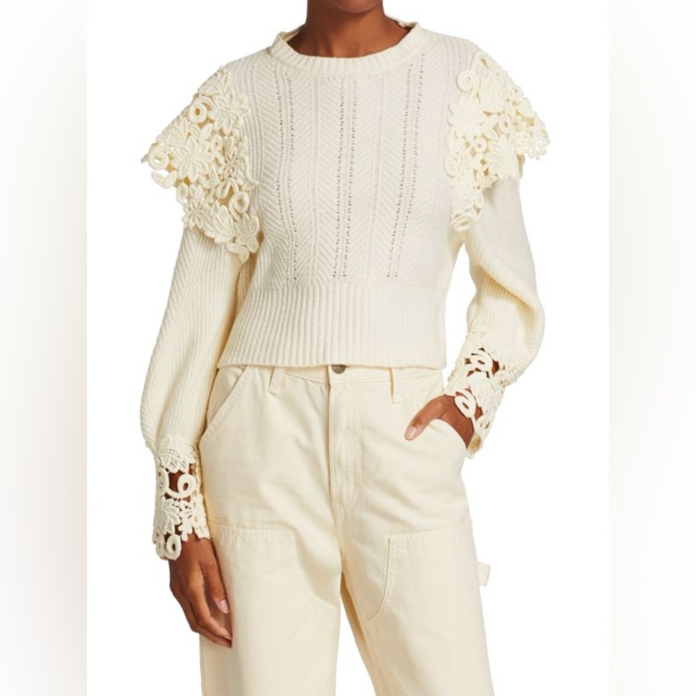 Sea New York Cream Crochet-Appliqué Cable Knit Sweater